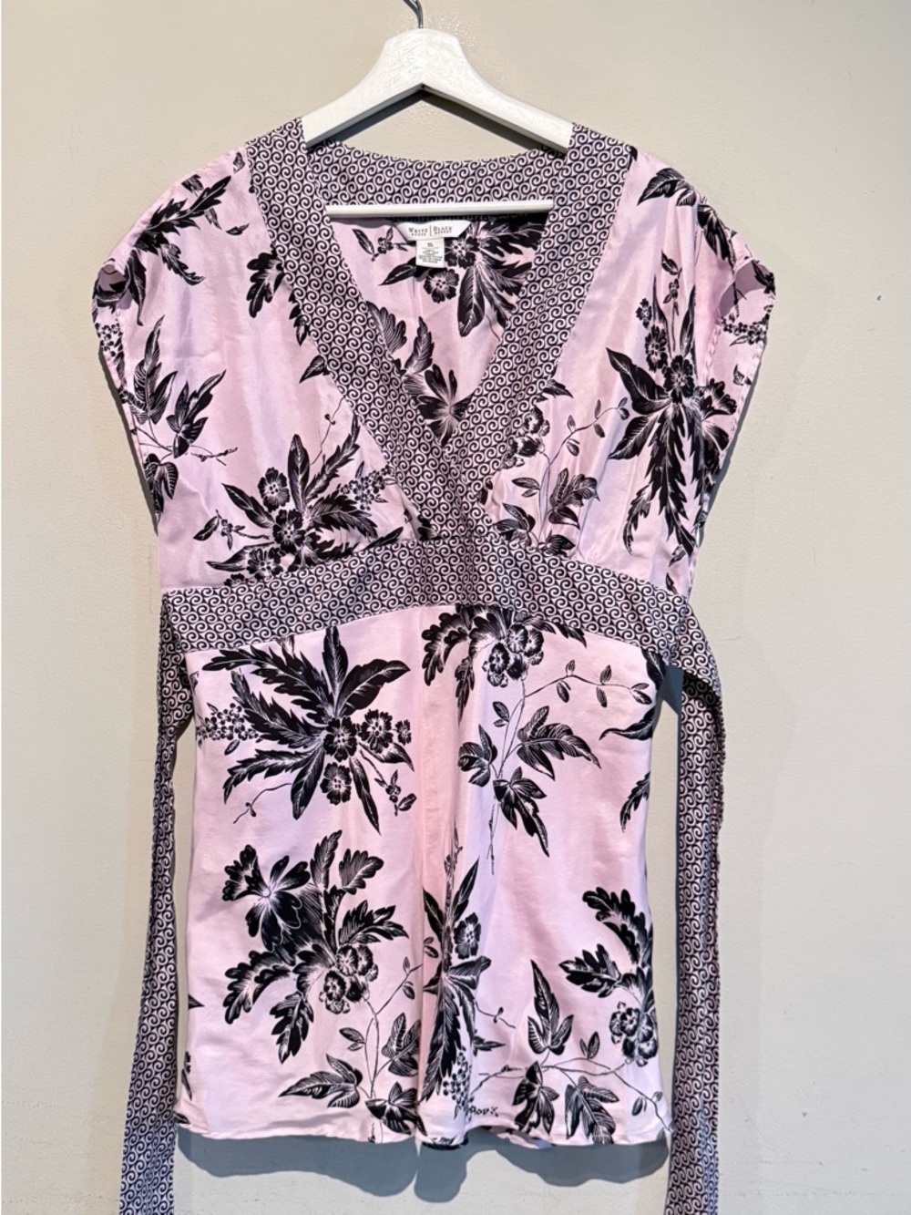 White House Black Market Pink Floral Wrap Tunic with Black Print